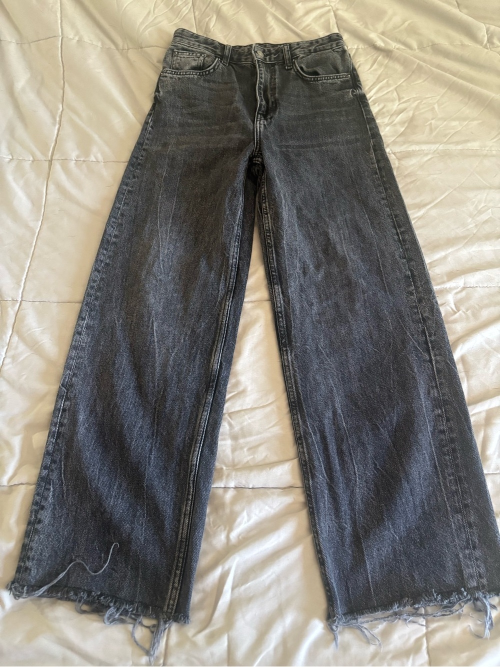 Zara Washed Black Wide-Leg Raw Hem Jeans
